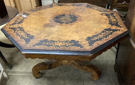 A Victorian marquetry inlaid octagonal walnut centre table, width 132cm height 74cm